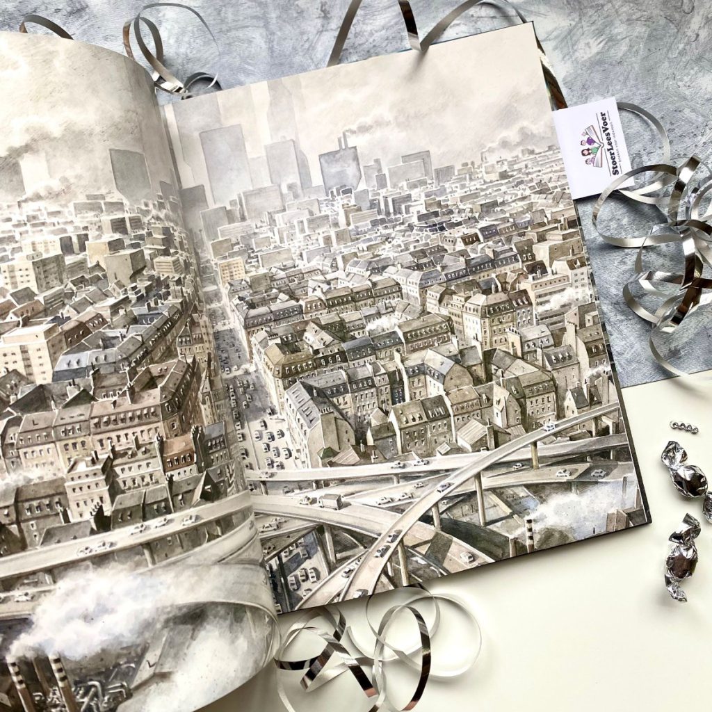 De grijze stad Torben Kuhlmann de vier windstreken uitgever drukke stad illustratie