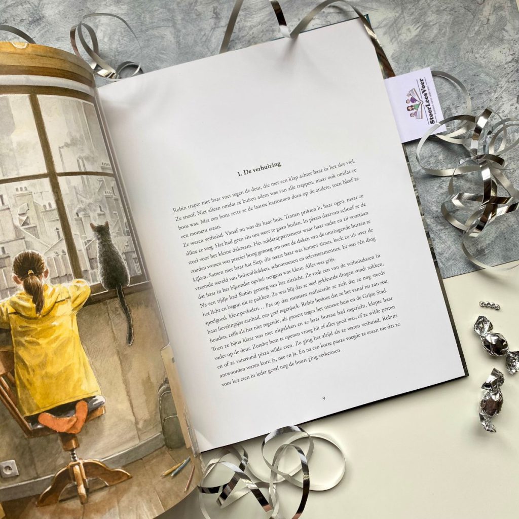De grijze stad Torben Kuhlmann de vier windstreken uitgever illustratie meisje gele regenjas zolderraam hoofdstuk 1