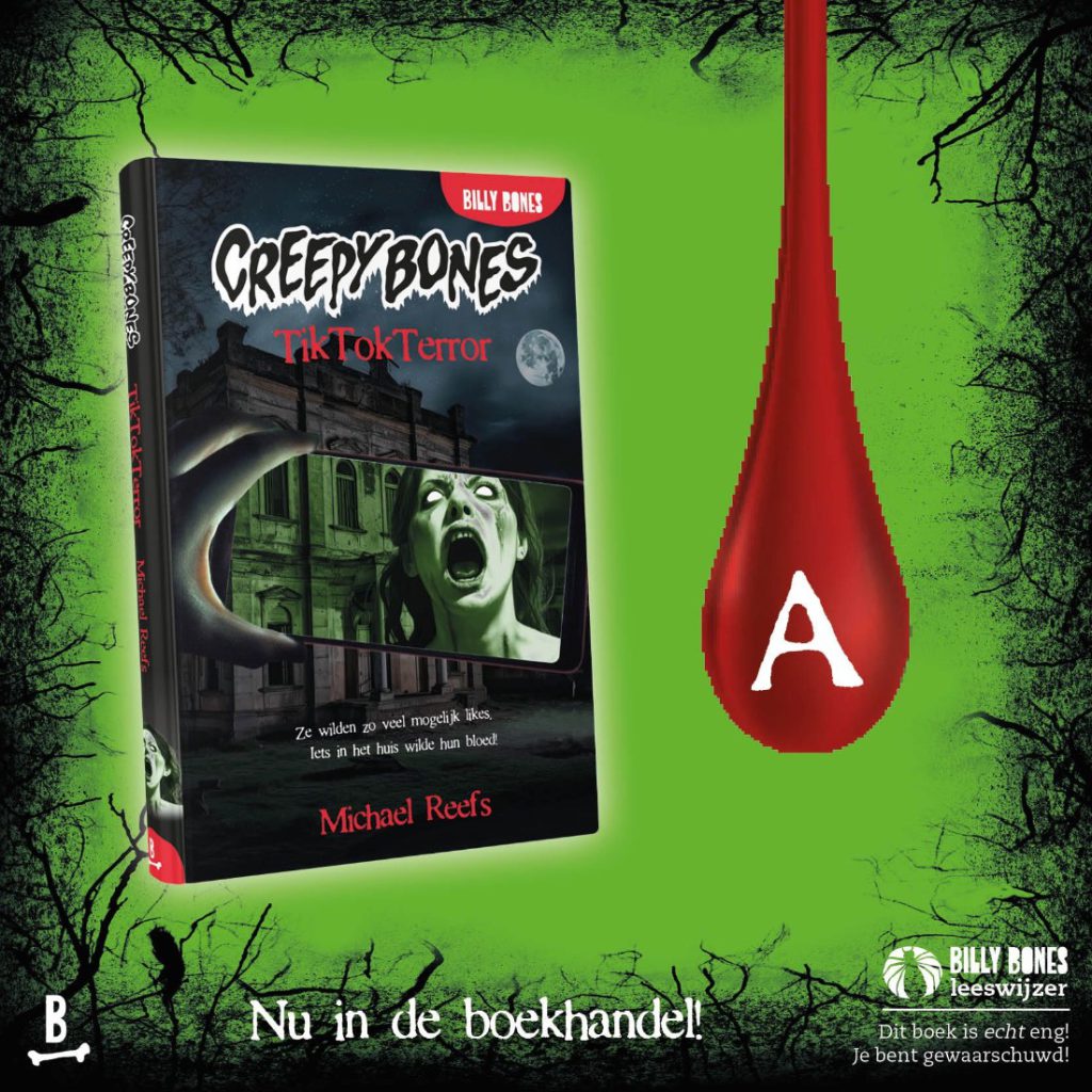 TikTokTerror, een Creepy bones van Michael Reefs jeugdhorror horror urban exploring ghosthunting spokenjagers spoken verlaten gebouwen tiktok social media vrienden boekenserie billy bones inkijkexemplaar recensie review samenvatting cadeautip voorkant cover kader omslag boek blogtour namen letters winnen winactie