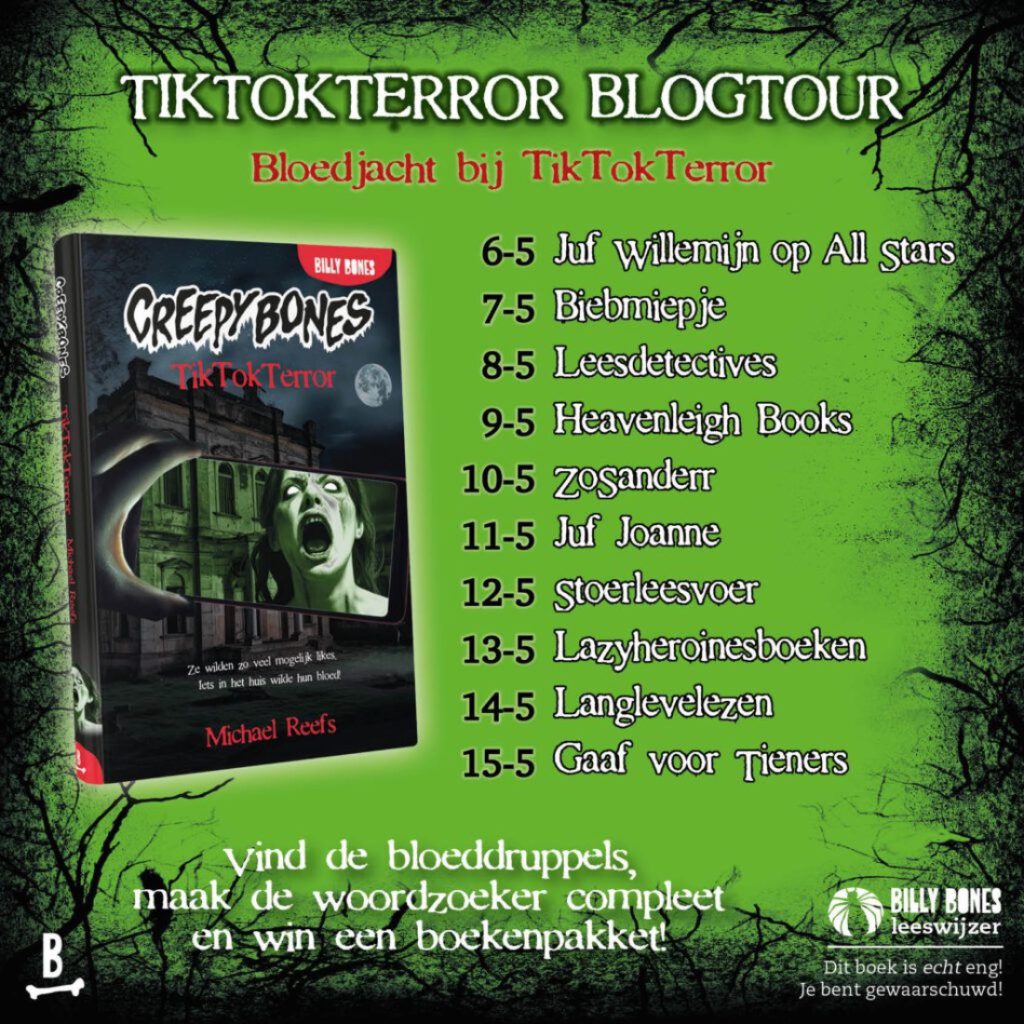 winnen winactie TikTokTerror, een Creepy bones van Michael Reefs jeugdhorror horror urban exploring ghosthunting spokenjagers spoken verlaten gebouwen tiktok social media vrienden boekenserie billy bones inkijkexemplaar recensie review samenvatting cadeautip voorkant cover kader omslag boek blogtour namen letters