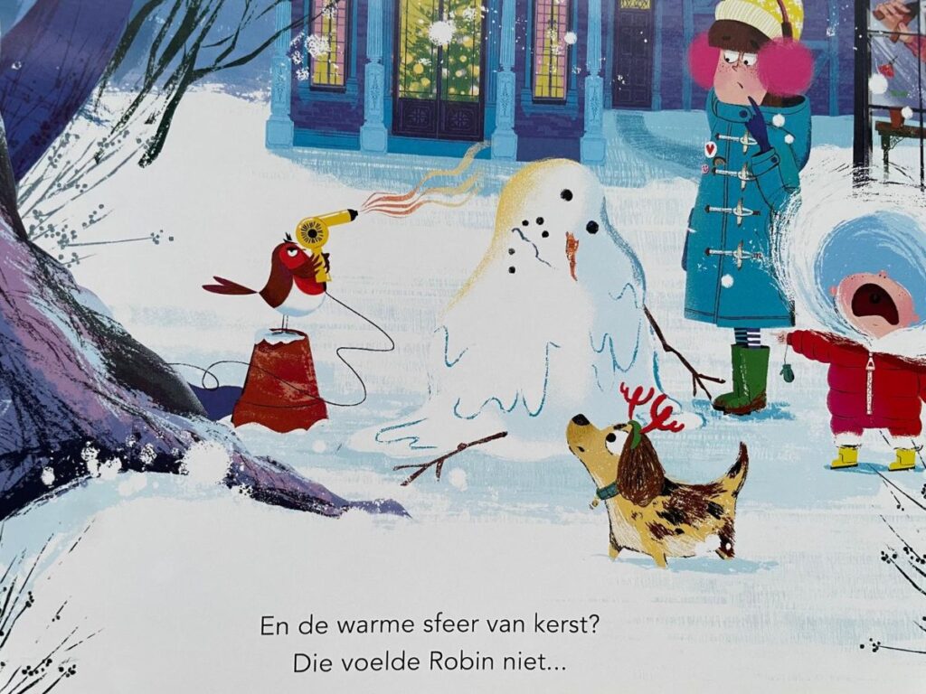 vogel laat sneeuwpop met föhn smelten