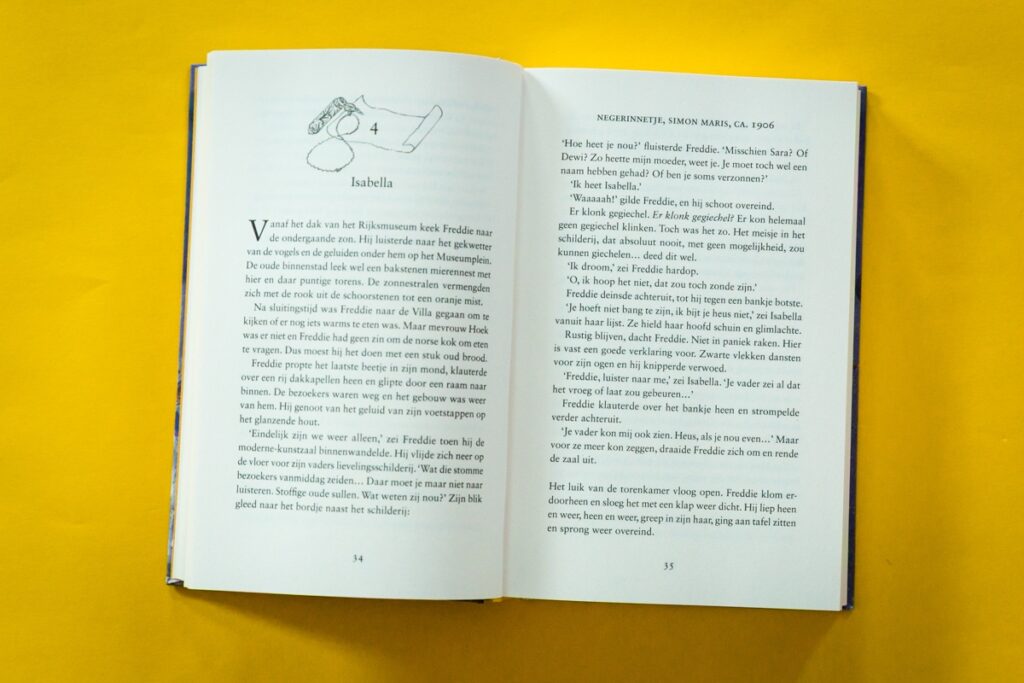 bladspiegel 2/3 tekst, illustratie bij elk hoofdstuk pagina 34 en 35 Schilderij Isabella