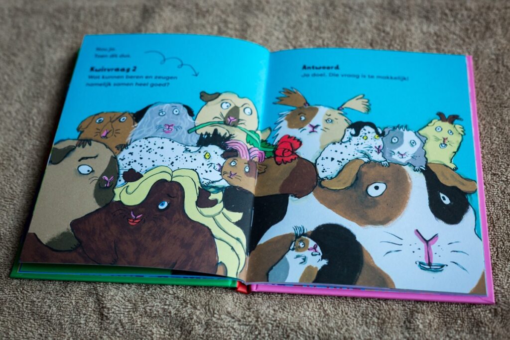 bladspiegel 3/3 illustraties van Anouschka Boswijk; diverse cavia's en en kwikvraag erboven inclusief antwoord