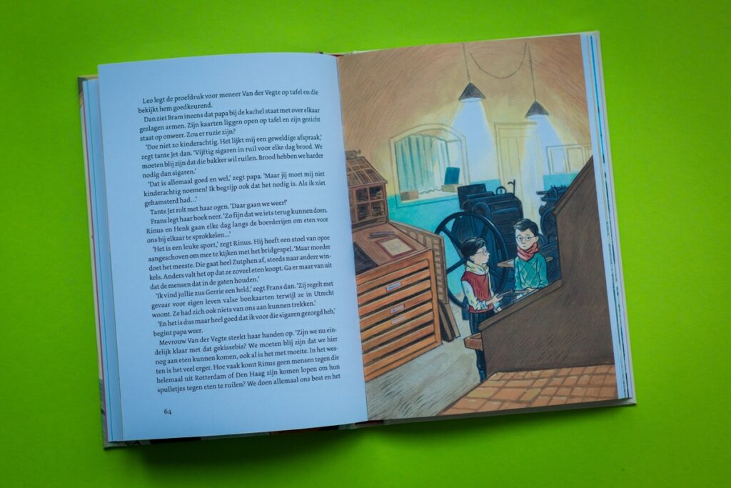bladspiegel 3/3 pagina 64 de fabriek uit het verhaal van Bram bladvullende illustratie door Saskia Halfmouw