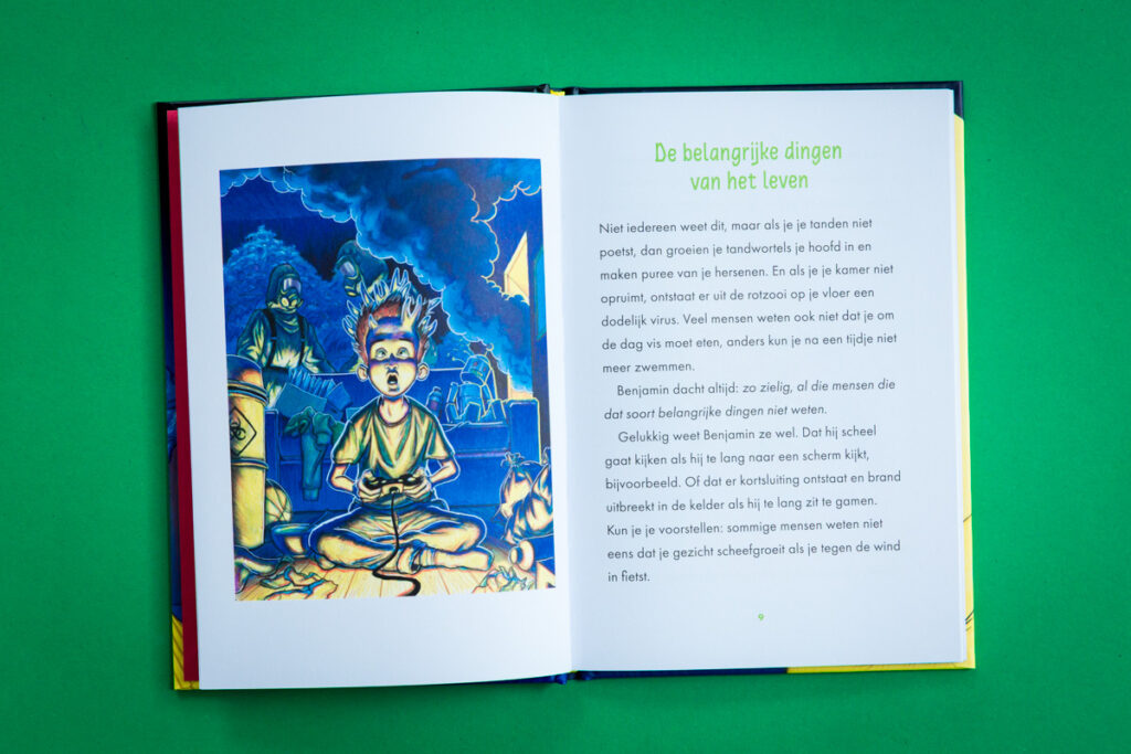 bladspiegel 2/3 De belangrijke dingen van het leven. Paginavullende illustratie van Thibau Vande Voorde en pagina met tekst