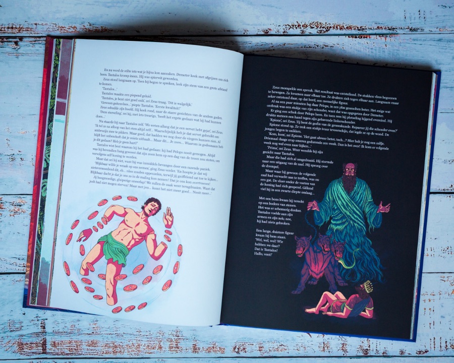 bladspiegel 3/3 illustraties door Douwe Dijkstra passend bij het verhaal, soms wat wreed. Pelops die in elkaar wordt gezet uit Tantalos