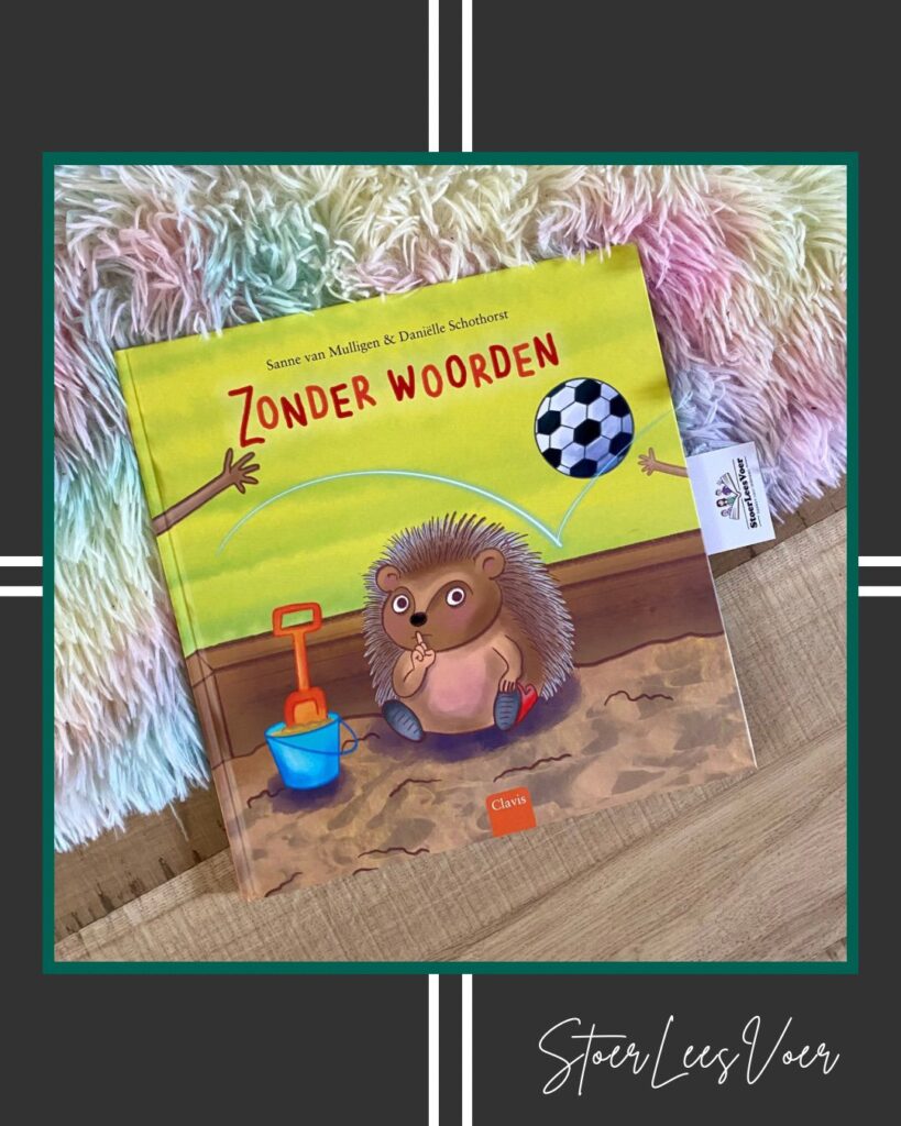 Zonder woorden sanne van mulligen danielle schothorst prentenboek niet spreken praten voorkant cover omslag kaft met egel in zandbak en bal