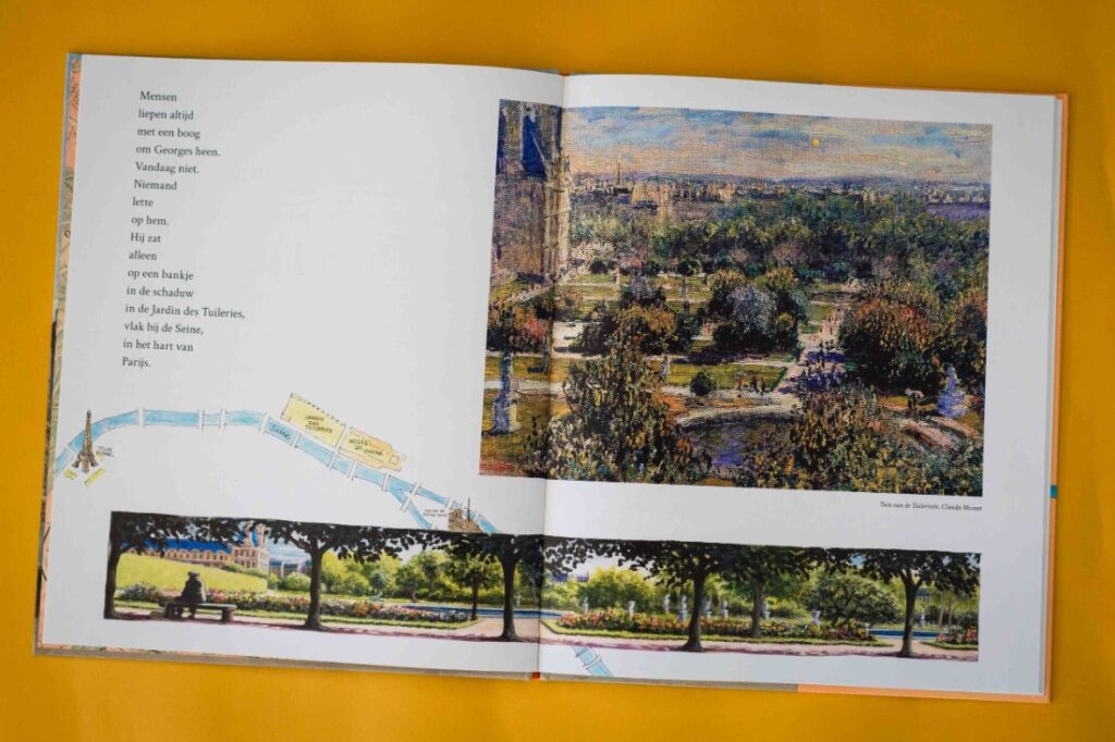 bladspiegel 1/3 onderin de illustraties van Charlotte Dematons, bovenin een origineel schilderij