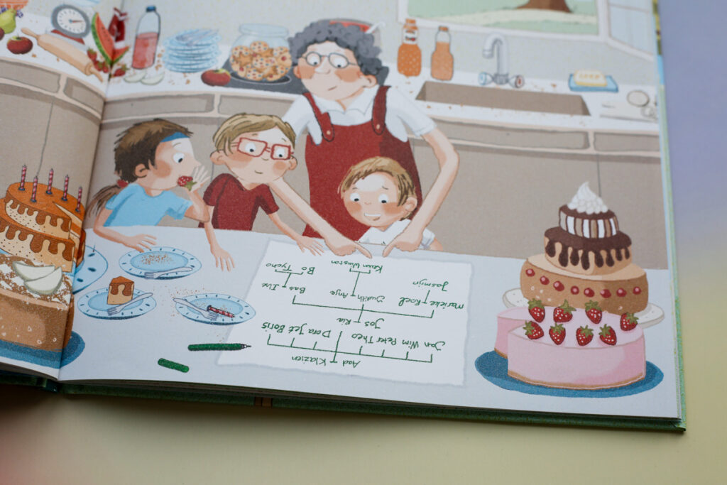 illustratie oma tekent een stamboom voor haar kleinkinderen