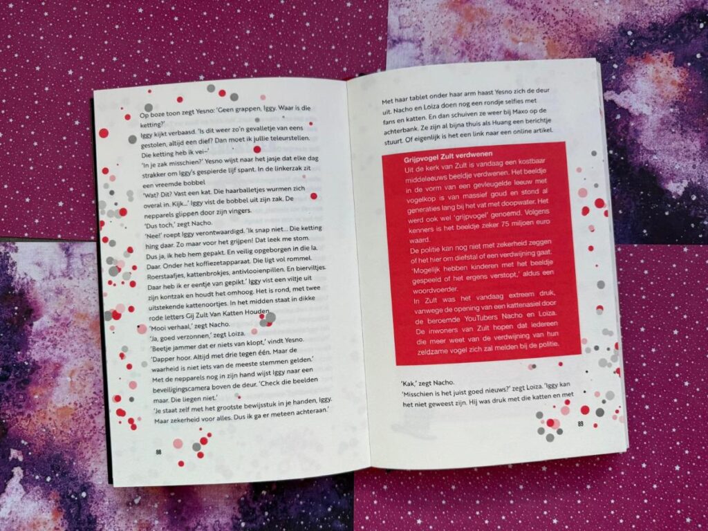 bladzijde boek met confetti en rood vlak