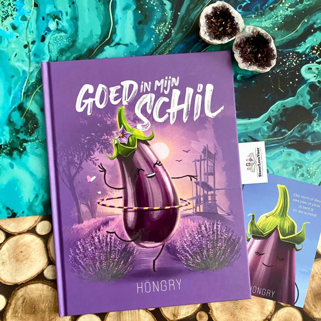 Goed in mijn schil höngry prentenboek zelfbeeld voorkant cover omslag kaft met gina aubergine