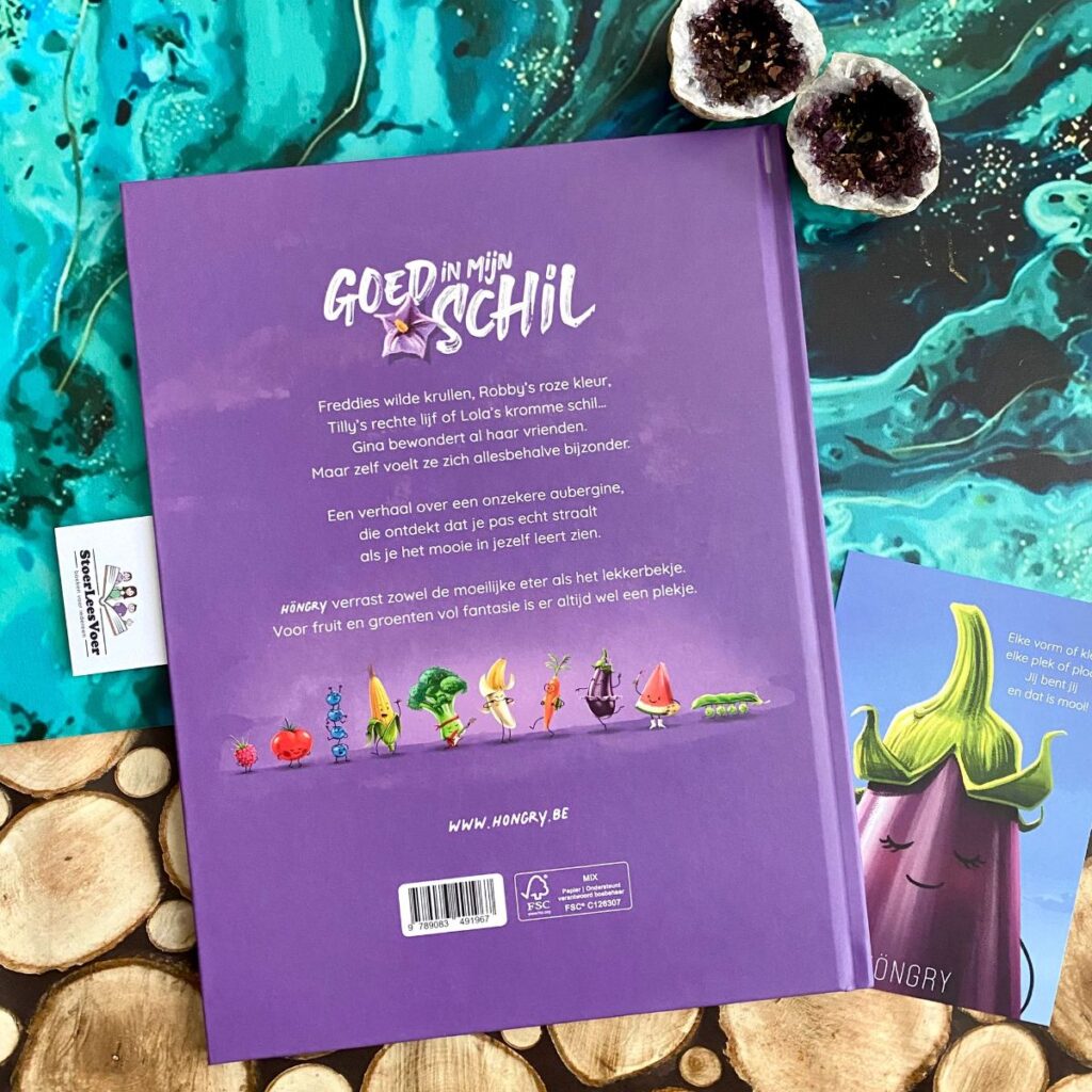 Goed in mijn schil höngry prentenboek zelfbeeld achterkant achterflap synopsis samenvatting cover omslag kaft met gina aubergine