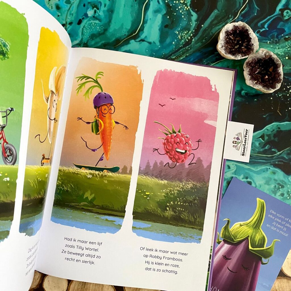 goed in mijn schil en Hongry karakters van groente en fruit illustraties en tekst