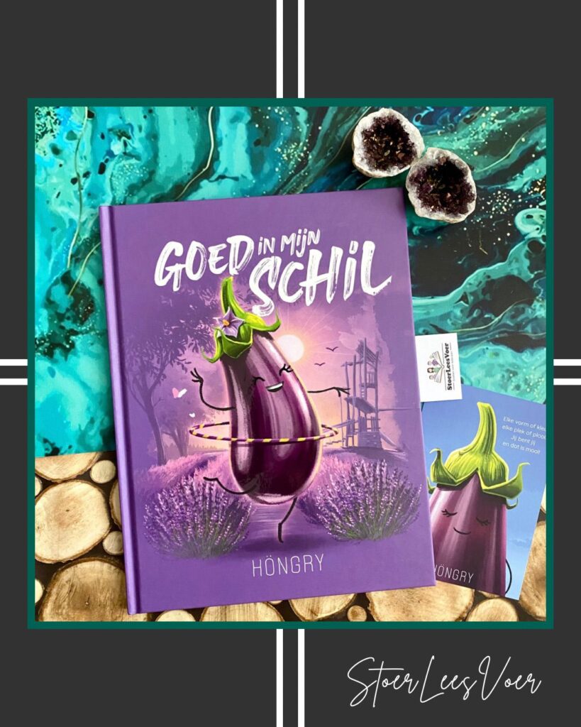 Goed in mijn schil höngry prentenboek zelfbeeld voorkant cover omslag kaft met Gina aubergine
