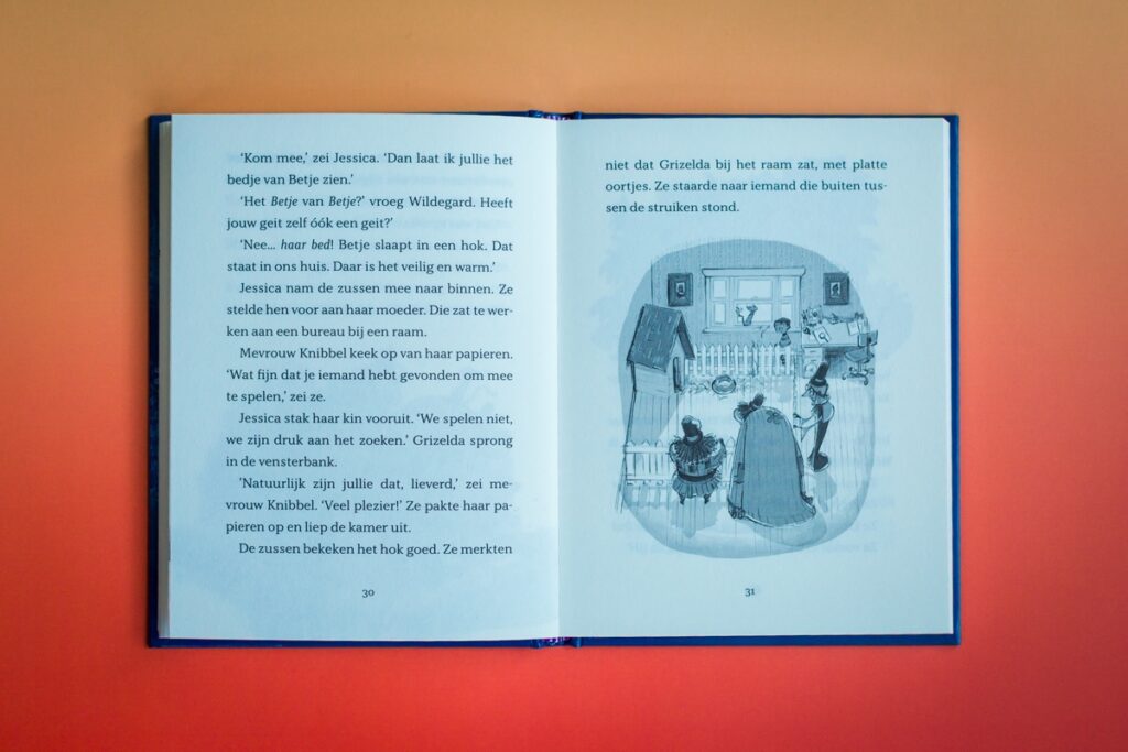 bladspiegel 1v3 p30-31 het huis van Jessica waar geit Betje verdween, bijna pagina vullende illustratie