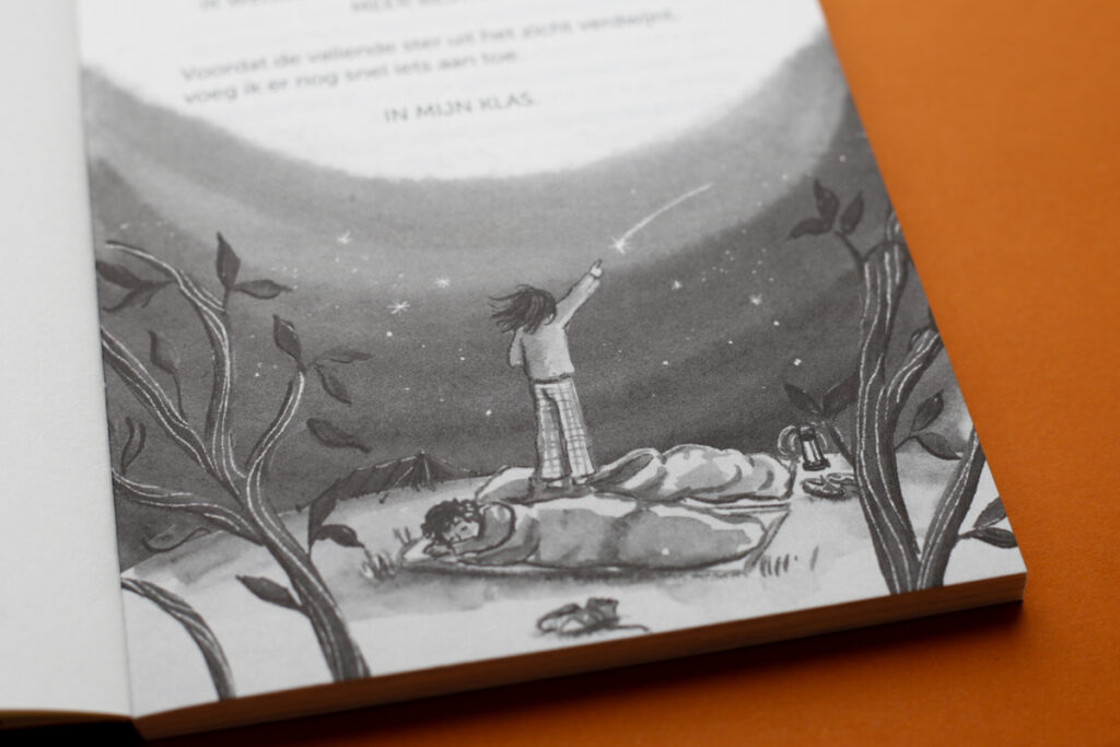 illustraties door Marieke ten Berge waar Lexie een wens doet terwijl Riff ligt te slapen