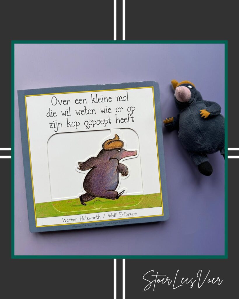 Schuifjesboek over een kleine mol die wil weten wie er op zijn kop gepoept heeft voorkant cover omslag kaft