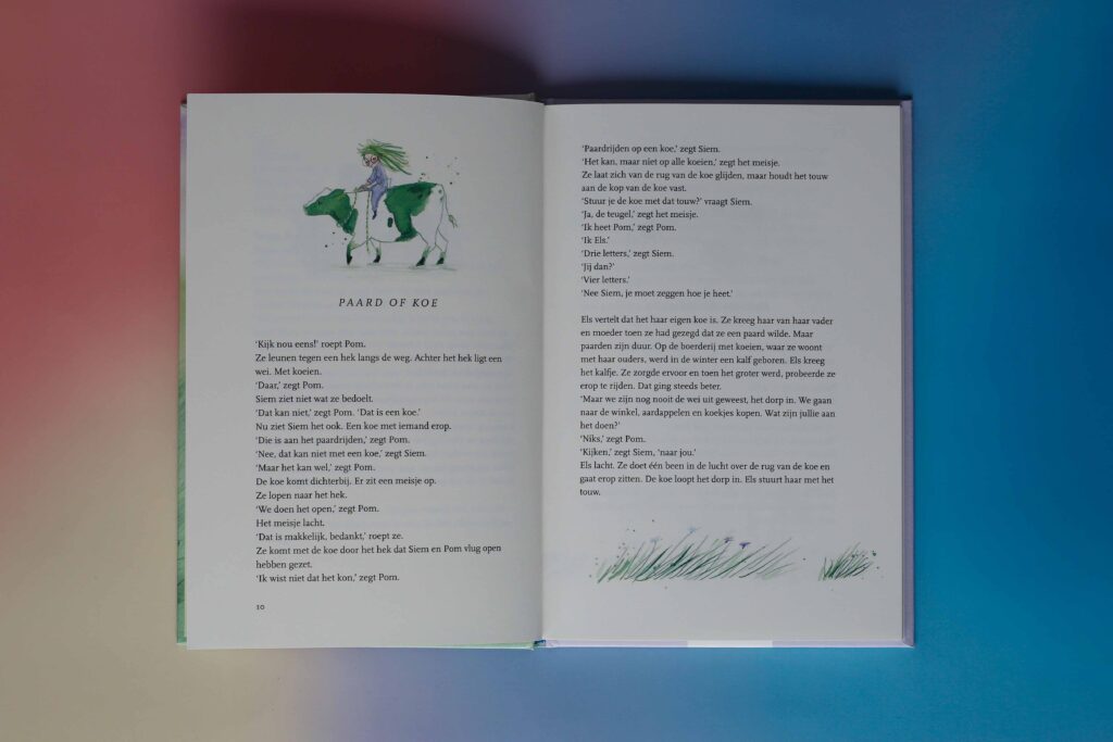 bladspiegel, tekst met kleine illustratie van een meisje op een koe