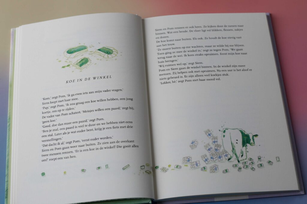 bladspiegel 1/2 tekst en wat grotere illustratie van een koe die alles om laat vallen