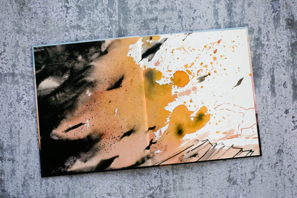 Schutblad voor met veel kleur en zwart en een wegspringende witte kat