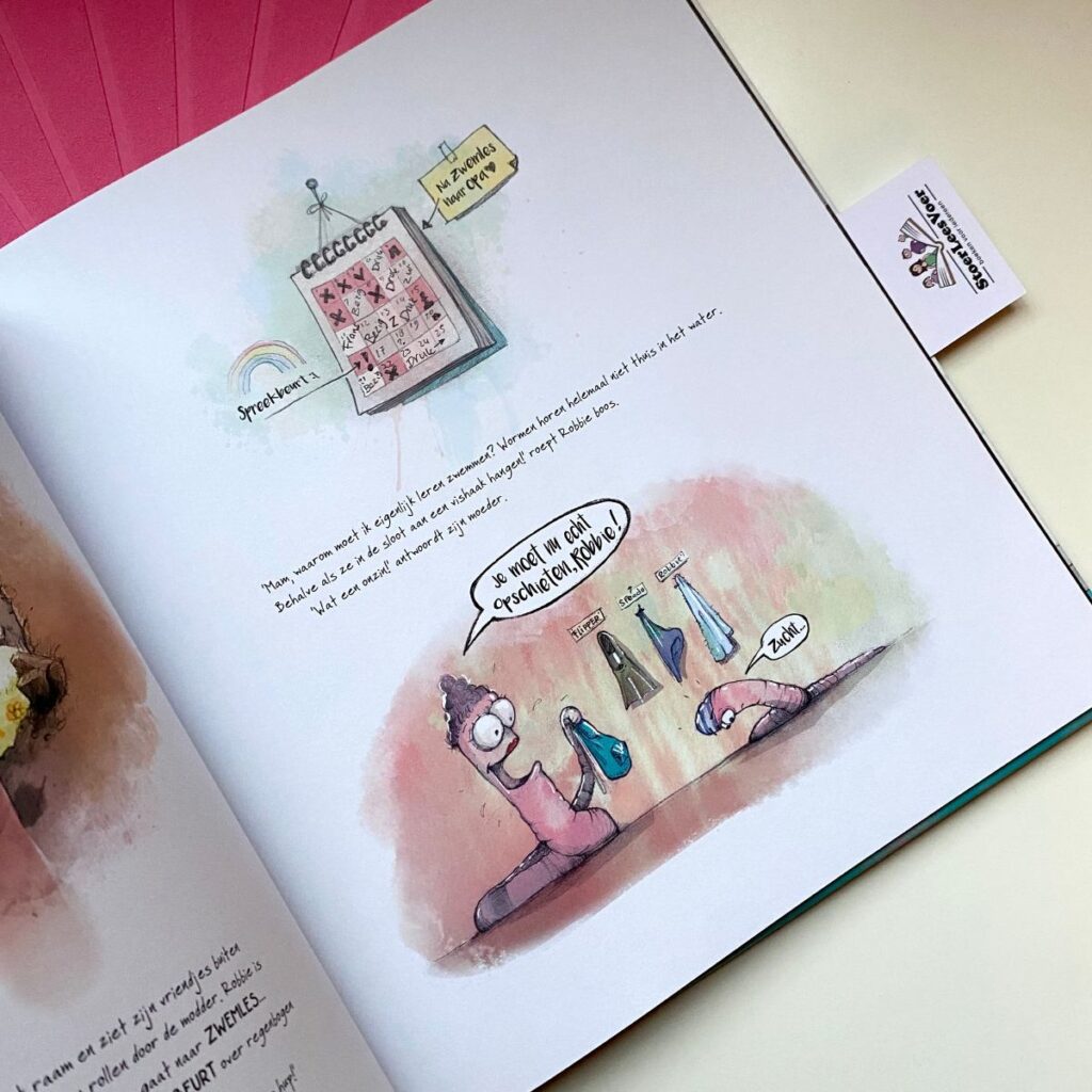 Robbie Regenworm op zwemles prentenboek illustratie tekst