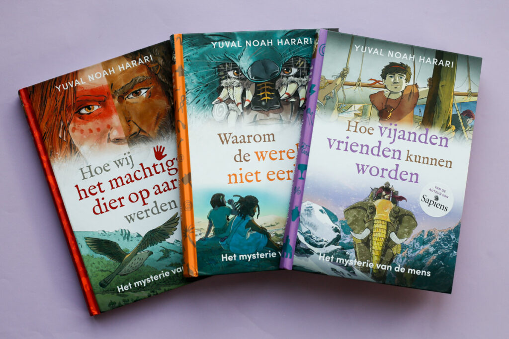 voorkant cover omslag kaft alle drie de delen Het mysterie van de mens door Yuvalk Noah Harari