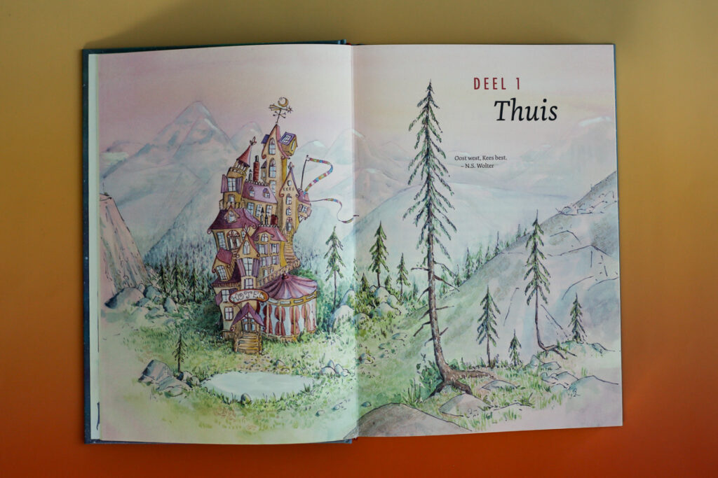 illustratie over gehele spread Deel 1; Thuis met Hotel Zweefkees geïllustreerd door Marieke Nelissen