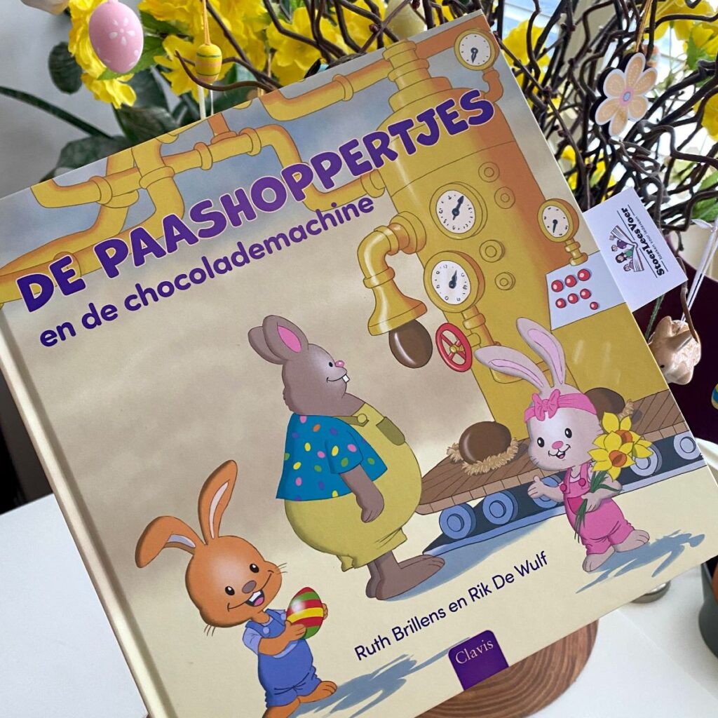 De paashoppertjes en de chocolademachine voorkant cover omslag kaft prentenboek pasen