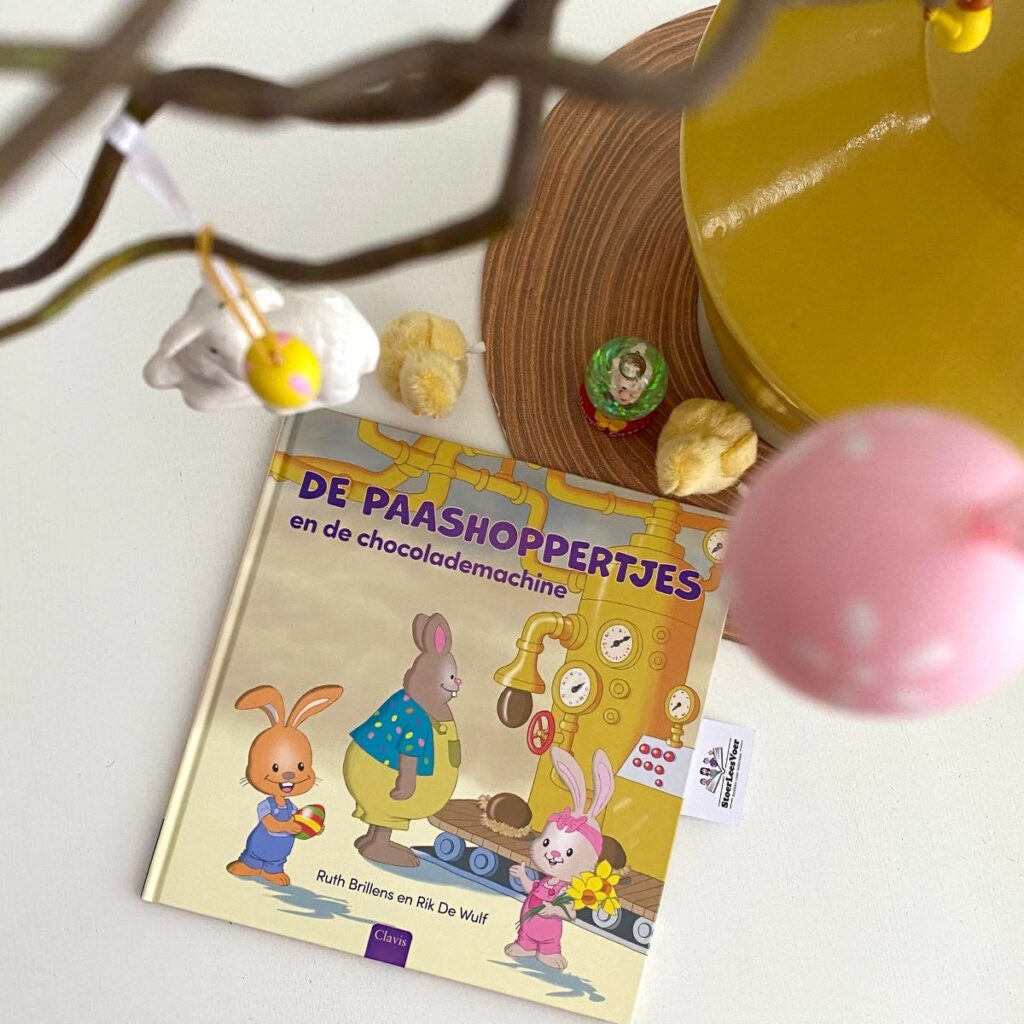 De paashoppertjes en de chocolademachine voorkant cover omslag kaft prentenboek pasen