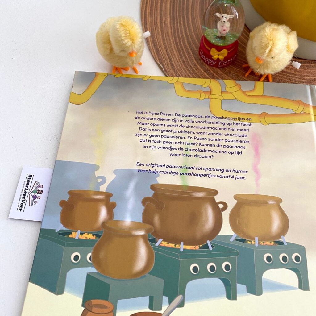 De paashoppertjes en de chocolademachine achterkant achterflap synopsis samenvatting cover omslag kaft prentenboek pasen