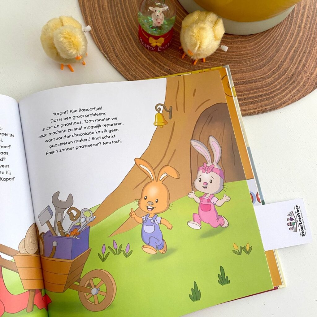 De paashoppertjes en de chocolademachine tekeningen en tekst