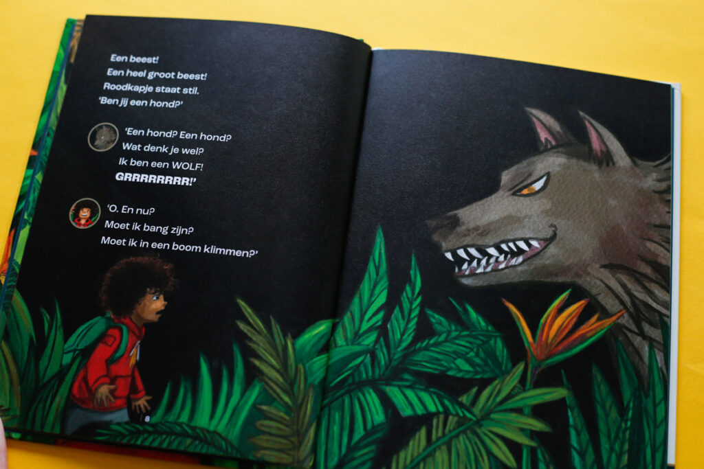 ook hier komt ze de boze wolf tegen maar echt bang is ze er niet van.