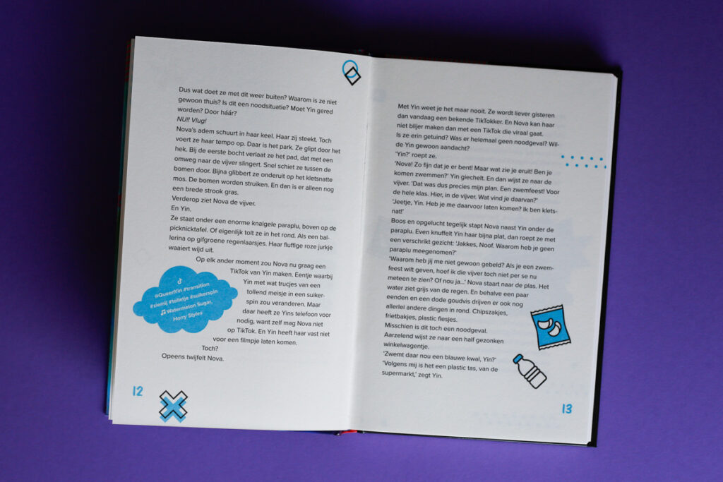 bladspiegel pagina 12 en 13 kleine doodles naast de tekst. Fijne witregels
