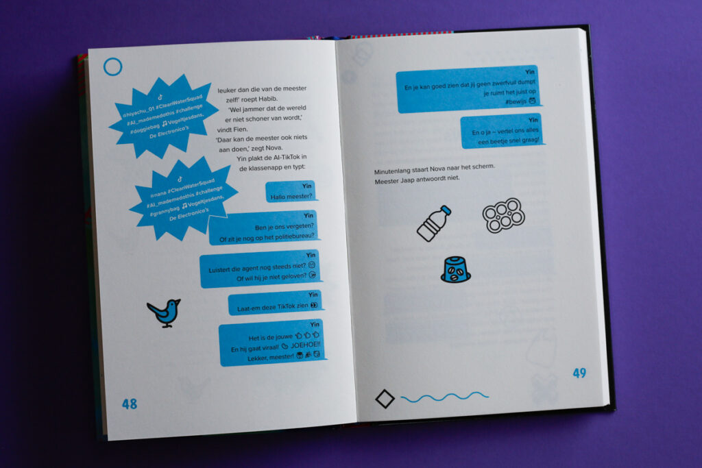 bladspiegel pagina 48 49 appgesprek met kleine illustraties. Ook leuk voor kinderen die lezen minder leuk vinden MLP Makkelijk Lezen Plein